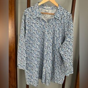 Chelsea Studio 3/4 Sleeve Button-Front Shirt 3X Blue Floral Collared Cotton